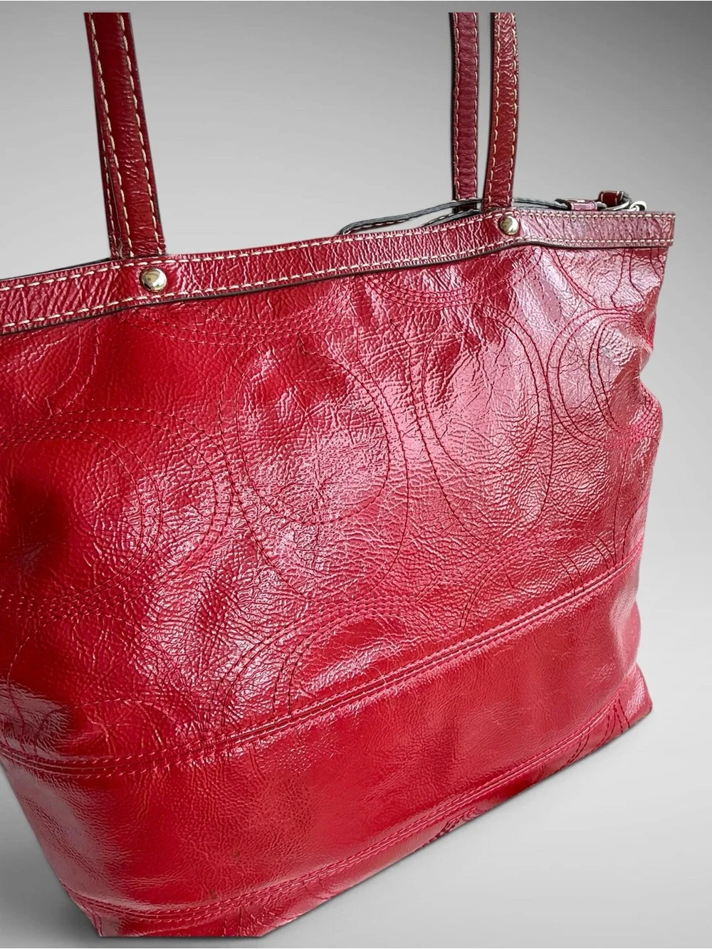 Coach Peyton Patent Leather F15142 Red Signature C Stitched Shoulder Tote Bag